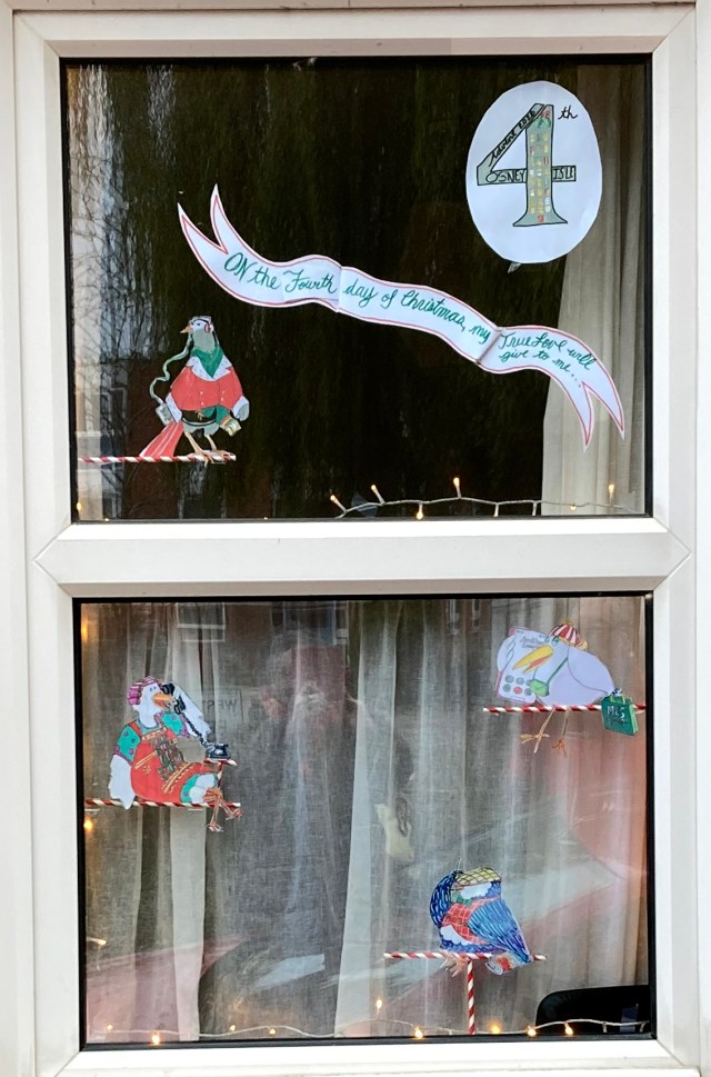Window with fourth day of Christmas theme